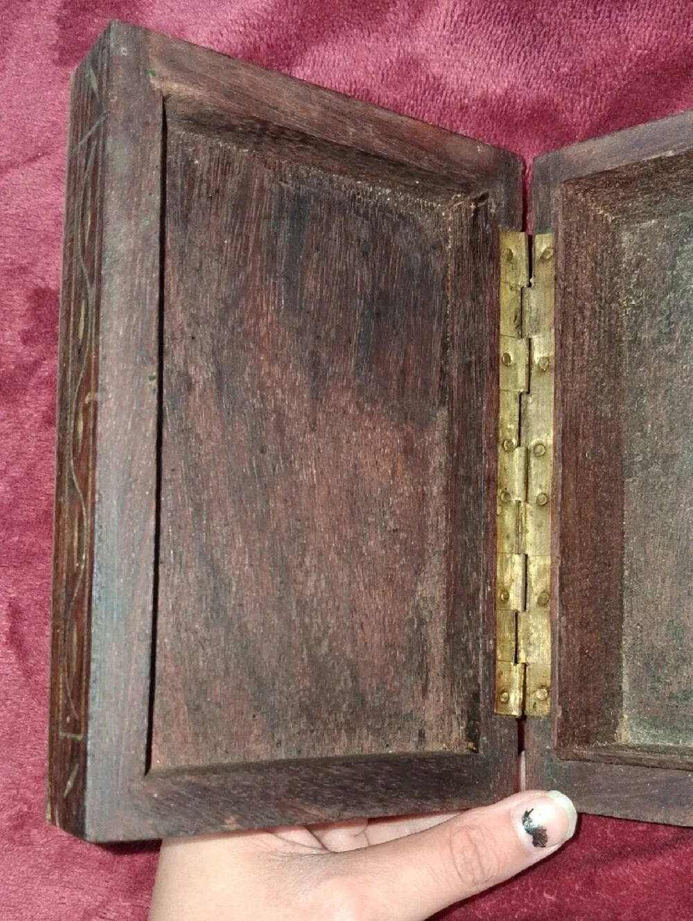 Vintage Hand-Carved Wooden Jewelry Box in Brown with Gold Trim And Brass Inlays